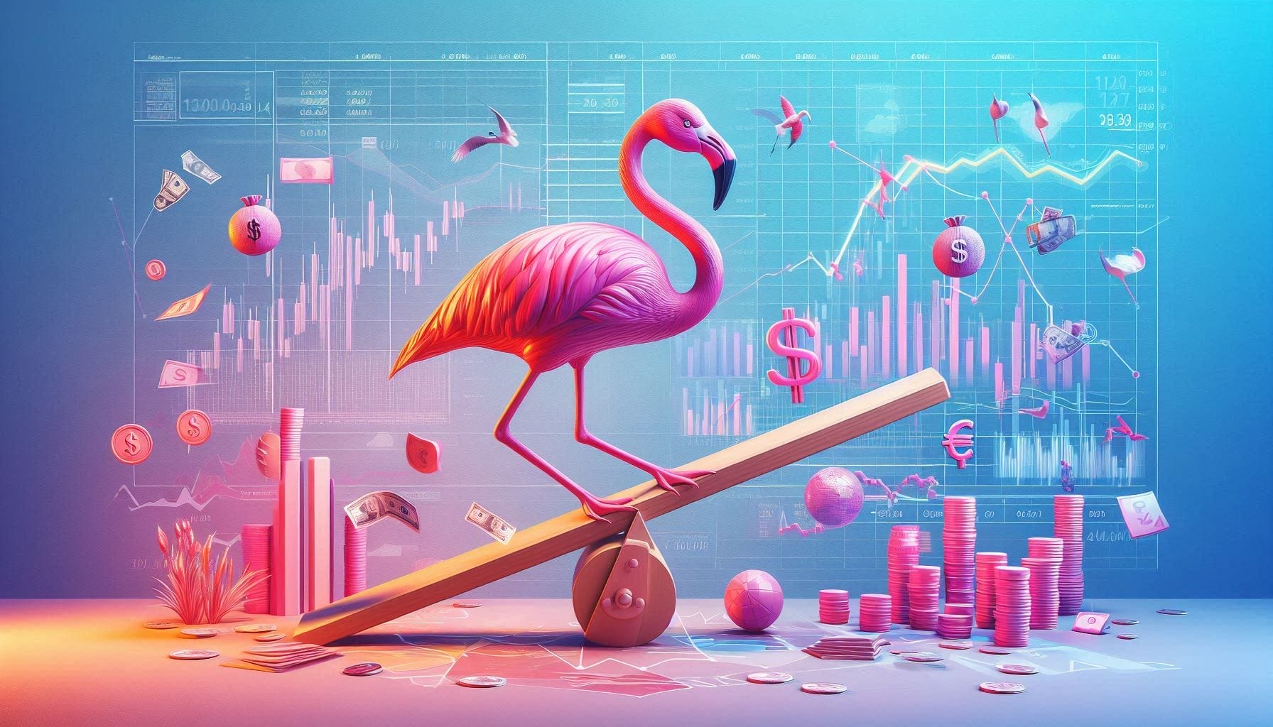 Microsoft-Datenschutzbestimmungen Datenschutz für Verbrauchergesundheit Hinweise zu Drittanbietern Nutzungsbedingungen FAQs bild, das einen Flamingo in einem Finanzbüro zeigt, um die Hebelwirkung darzustellen. Der Flamingo balanciert auf einem Bein auf einem Hebel oder einer Wippe, umgeben von Diagrammen, Grafiken und Währungssymbolen im Hintergrund, um das Konzept der Hebelwirkung auf eine lebendige und leicht skurrile Weise zu verdeutlichen.