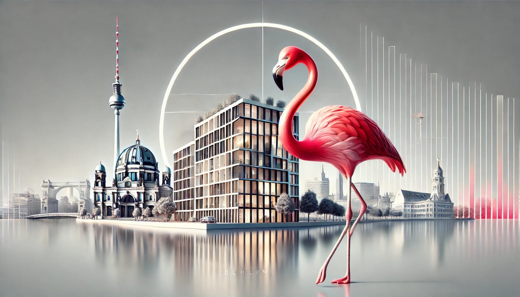 Ein stilvoller Flamingo steht vor einem luxuriösen Gebäude mit Berlin im Hintergrund, symbolisiert Einzigartigkeit und Erfolg in der Immobilienbranche.