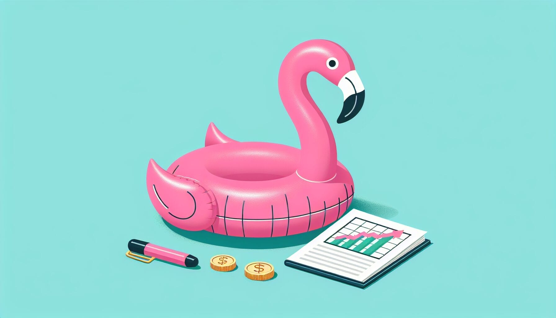 Flamingo Mopy betrachtet eine symbolische Aktie mit Kursentwicklung