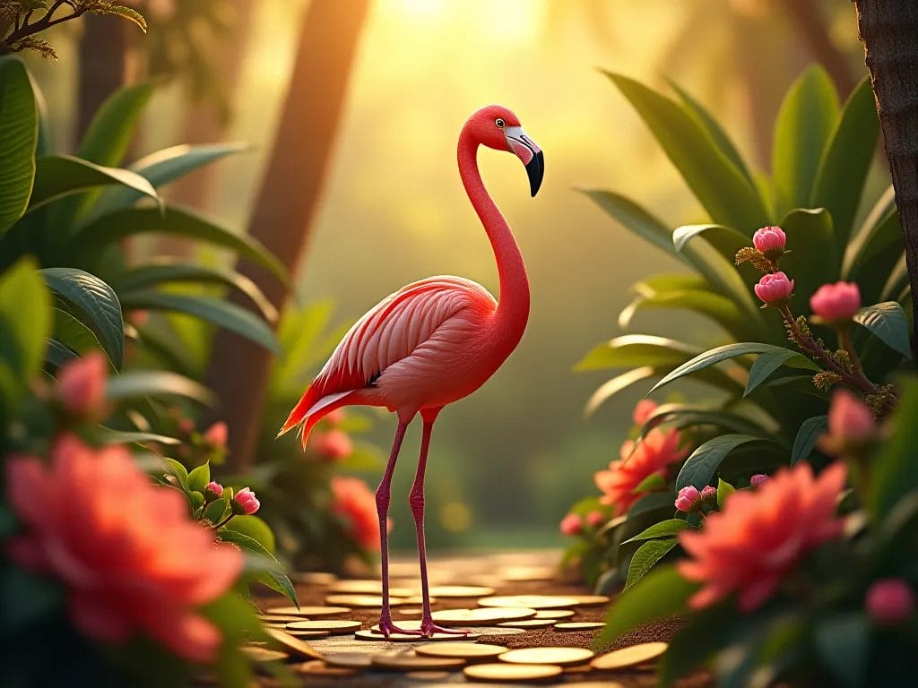 Ein strahlender pinker Flamingo steht in einem lebhaften tropischen Garten mit farbenfrohen Blumen, grünen Blättern und goldenen Münzen, die auf dem Boden verstreut sind. Die Szene ist voller Energie und positiver Stimmung, die ein blühendes Mindset symbolisiert.