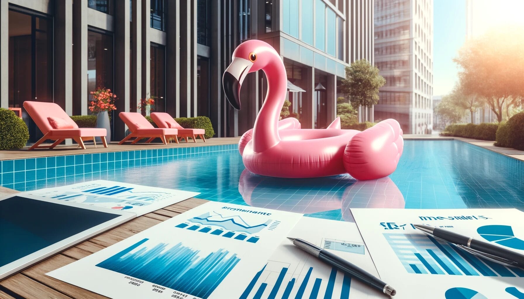 Aufblasbarer pinker Flamingo in einem Swimmingpool, umgeben von Finanzdiagrammen und Dokumenten, symbolisiert aktiv verwaltete Fonds. Im Hintergrund moderne Bürogebäude, die eine professionell verwaltete Investitionsumgebung darstellen. Sonnige Atmosphäre betont Erfolg und finanzielles Wachstum.