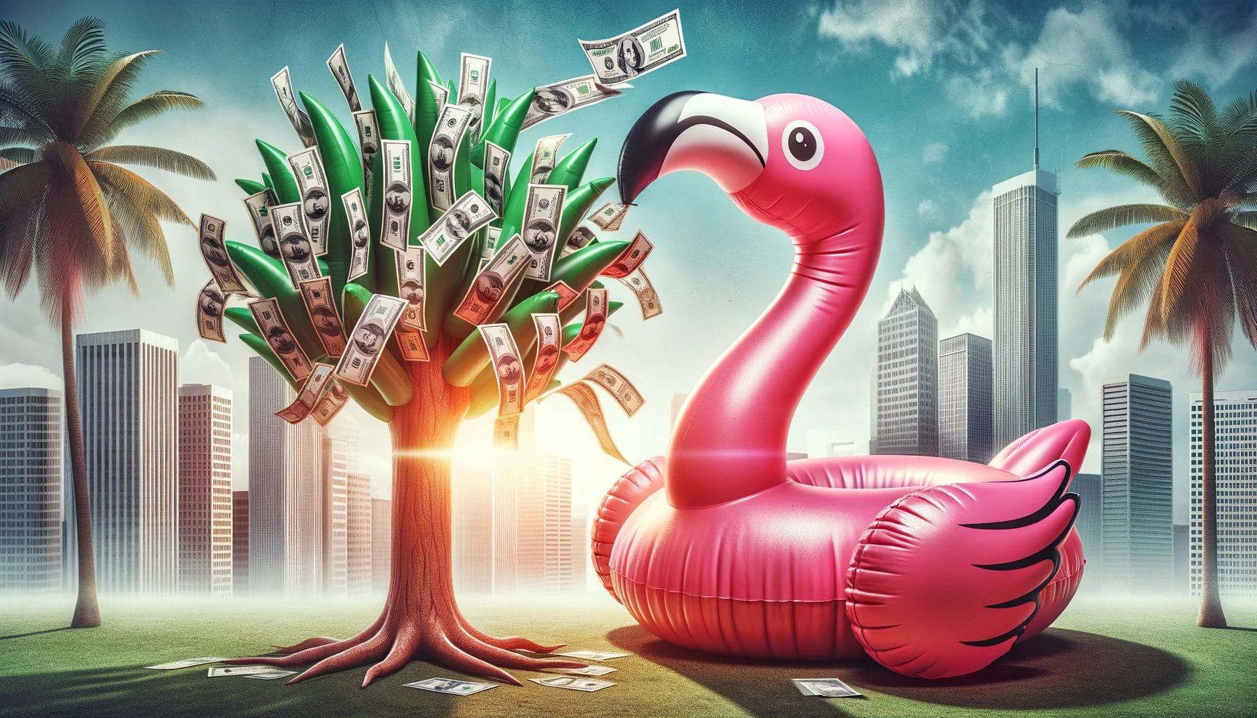 Fotorealistische Szene mit einem aufblasbaren pinken Flamingo, der mit dem Schnabel Banknoten an einen Geldbaum hängt. Im Hintergrund ein sonniger Tag mit Wolkenkratzern, die Finanzinstitutionen repräsentieren. Die Atmosphäre ist lebendig und motivierend, was das Konzept der Rendite und des finanziellen Wachstums symbolisiert.
