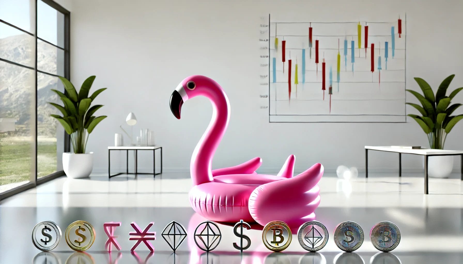 "Fröhlicher Flamingo vor Finanzdiagrammen" "Ein fröhlicher, aufblasbarer pinker Flamingo sitzt vor verschiedenen Finanzsymbolen und Diagrammen, die unterschiedliche Anlageklassen wie Aktien, Anleihen und Immobilien darstellen."