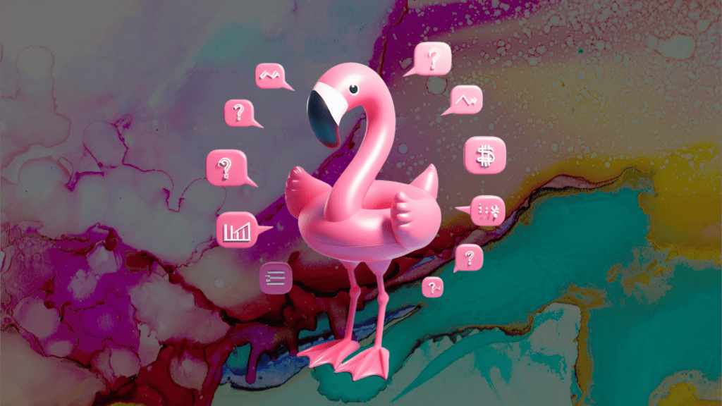 illustration: mopy, das money positivity maskottchen, ein flamingo, erklärt finanzbegriffe