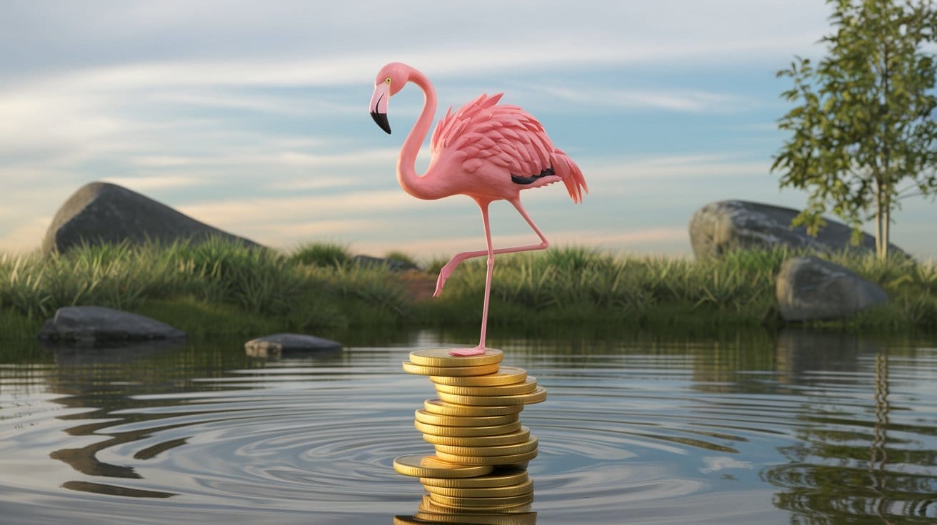 Ein pinker Flamingo balanciert auf einem wackeligen Stapel Goldmünzen, während im Hintergrund Charts die Volatilität des Marktes anzeigen.