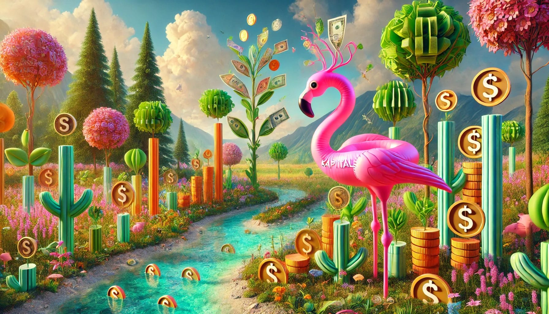 Ein pinker aufblasbarer Flamingo steht in einer lebendigen, natürlichen Umgebung. Umgeben von Pflanzen und Bäumen, aus denen Münzen und Banknoten wachsen. Der Hintergrund zeigt eine üppige Landschaft mit Wildblumen, einem klaren Bach und einem hellen Himmel, was eine harmonische Mischung aus Natur und Finanzen darstellt.