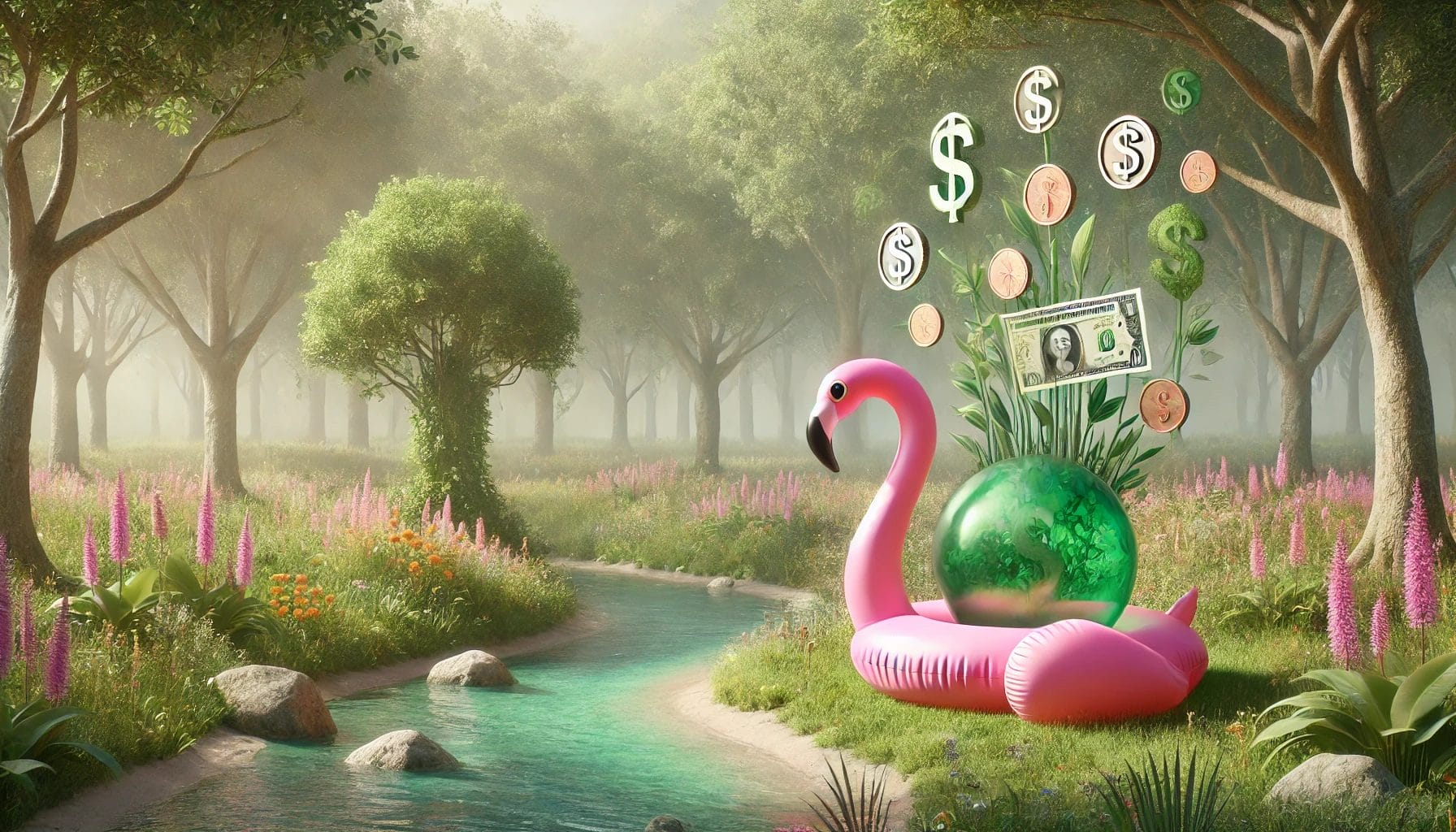 Ein pinker aufblasbarer Flamingo steht anmutig in einer üppigen, grünen Wiese mit Wildblumen, Bäumen und einem sanften Bach. Im Hintergrund ist eine künstlerische Darstellung von Geld, wie Münzen und Banknoten, subtil in die Umgebung integriert, die aus Pflanzen und Bäumen zu wachsen scheinen. Die Atmosphäre ist ruhig und fantasievoll und betont das Konzept, Geld in Harmonie mit der Natur für sich arbeiten zu lassen.