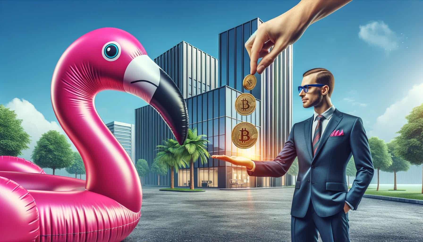 Lebendige und fotorealistische Szene mit einem aufblasbaren pinken Flamingo, der mit dem Schnabel einem Banker eine Münze in die Hand fallen lässt, um Gebühren zu bezahlen. Im Hintergrund sind realistische Bürogebäude, die Finanzinstitutionen repräsentieren. Die Atmosphäre ist lebendig, professionell und ansprechend und hebt das Konzept der Gebühren bei finanziellen Transaktionen hervor.
