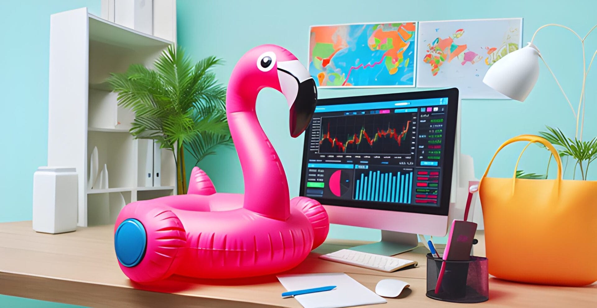 Flamingo-Maskottchen Mopy folgt einem Finanzwebinar von IG