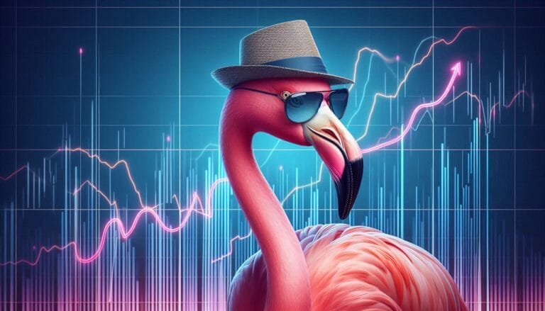 Wunderschöner fotorealistischer pinker flamingo, der sich souverän inmitten schwankender Finanzkurven behauptet. Mit stylischem Hut und Sonnenbrille strahlt er Ruhe und Kontrolle aus, während im Hintergrund dynamische Graphen nach oben und unten zeigen. Dieses Bild symbolisiert das Meistern der Marktvolatilität auf spielerische und positive Weise.