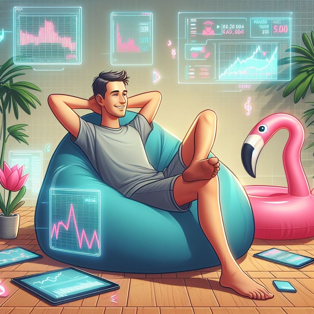 Entspannter-fokussierter-Anleger-mit-Money-Positivity-Maskottchen-MoPy-Flamingo