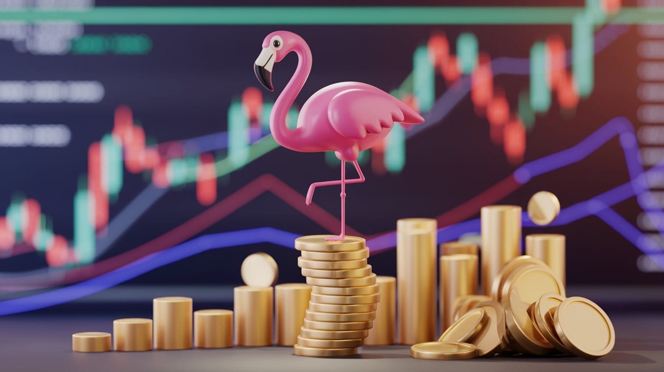 Ein pinker Flamingo balanciert vorsichtig auf einem wackeligen Stapel Goldmünzen, während im Hintergrund Charts die Volatilität des Marktes anzeigen.