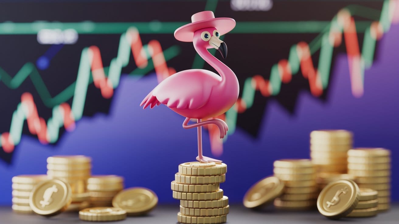 Ein pinker Flamingo balanciert diszipliniert auf einem wackeligen Stapel Goldmünzen, während im Hintergrund Charts die Volatilität des Marktes anzeigen.