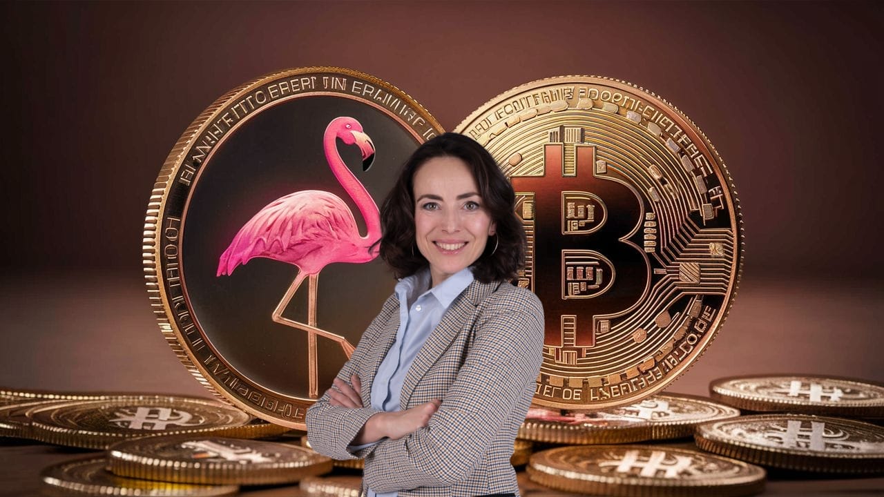 Luba Schoenig mit Money Positivity Maskottchen MoPy und Bitcoin-Münzen