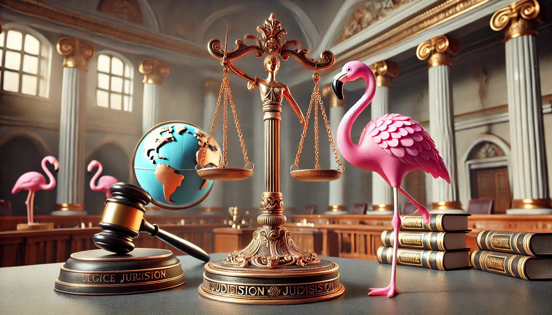 in faszinierendes Bild, das Jurisdiktion symbolisiert: Ein pinker Flamingo steht neben einer majestätischen Waage der Gerechtigkeit, die einen Richterhammer und einen Globus zeigt, vor einem Hintergrund mit Gerichtselementen.