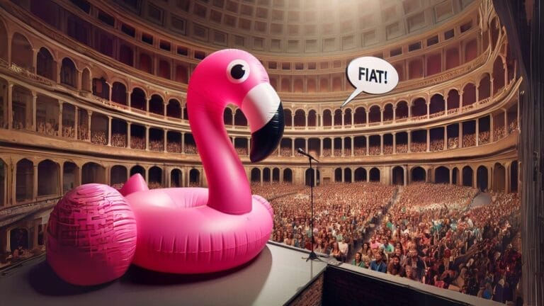 Cartoon: Money Positivity Maskottchen MoPy stating "Fiat" in front of a big audience in Rome
