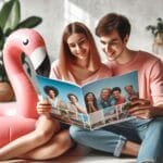 Zwei junge Leute sitzen zusammen mit einem pinken aufblasbaren Flamingo und lesen eine Broschüre, die Bilder von jungen Leuten zeigt, die Geld sparen. Die Atmosphäre ist hell und einladend, und der Hintergrund zeigt einen luftigen Innenraum mit etwas Grün.