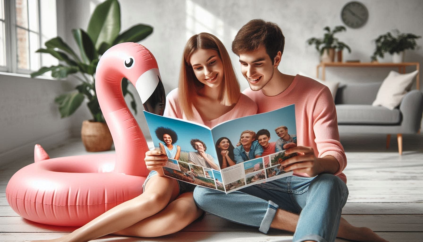 Zwei junge Leute sitzen zusammen mit einem pinken aufblasbaren Flamingo und lesen eine Broschüre, die Bilder von jungen Leuten zeigt, die Geld sparen. Die Atmosphäre ist hell und einladend, und der Hintergrund zeigt einen luftigen Innenraum mit etwas Grün.