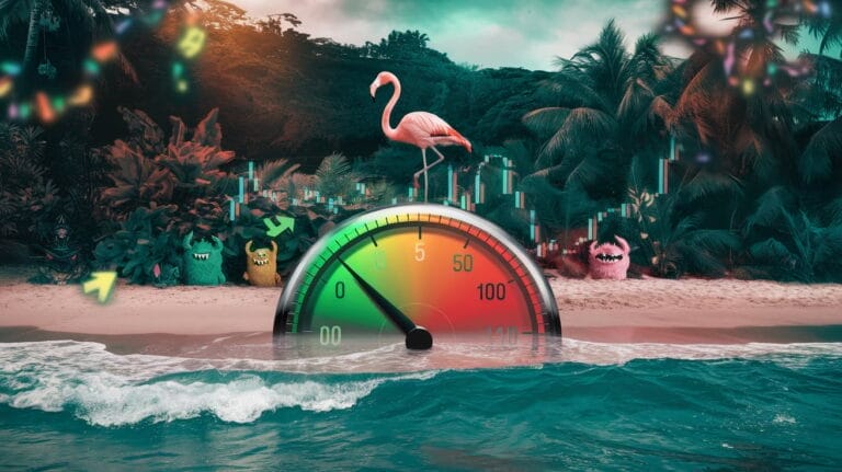 Ein pinker Flamingo sitzt auf einem riesigen VIX-Volatilitätsmesser am Strand, der von 0 (grün) bis 100 (rot) reicht. Im Hintergrund ein üppiger Dschungel, in dem sich kleine Monster mit Pfeilen verstecken, die die Marktschwankungen symbolisieren.