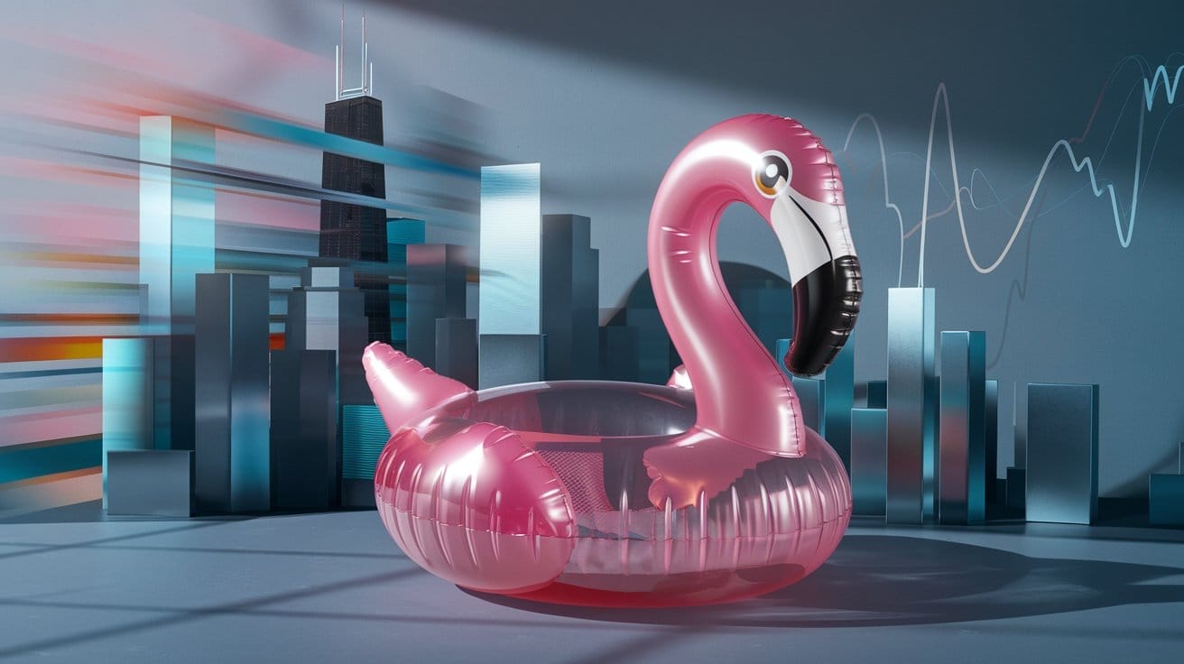 Ein pinker Flamingo thront vor einer stilisierten Skyline von Chicago, der Heimat der CBOE. Abstrakte Elemente im Hintergrund symbolisieren die Volatilität des Marktes.