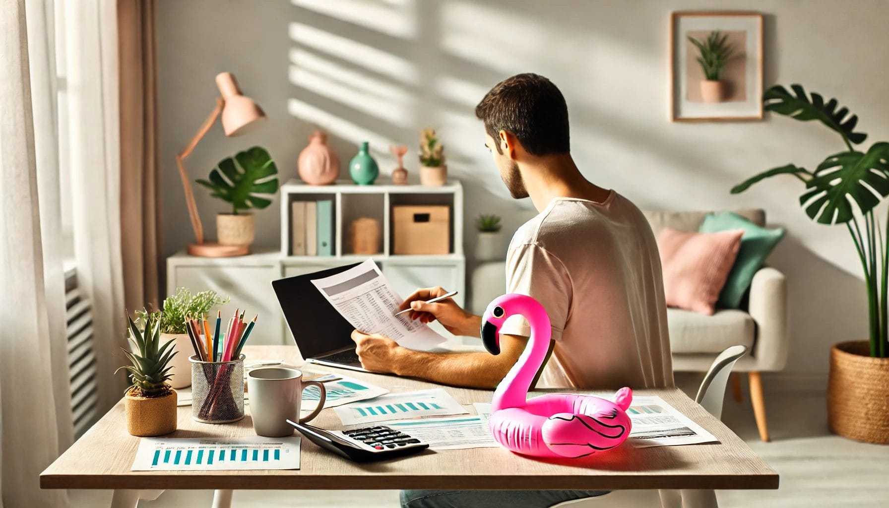 Eine Person sitzt an einem gemütlichen Home-Office-Schreibtisch, verwaltet ihre Ausgaben mit Finanzdokumenten und einem Laptop. Ein kleiner pinker aufblasbarer Flamingo steht auf dem Schreibtisch und fügt eine spielerische Note hinzu.