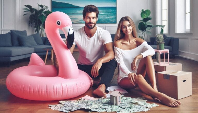 an attractive couple in a setting that shows a minimalist lifestyle of financial freedom; the central figure enabling them to feel like this is a pink inflatable flamingo