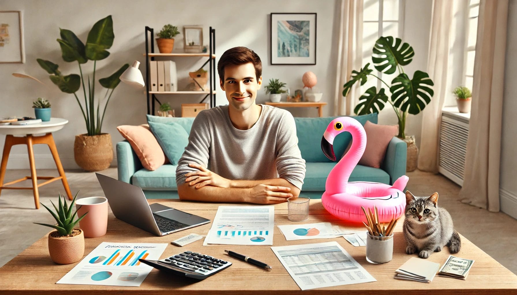 Eine Person sitzt zufrieden und konzentriert an einem Schreibtisch im Home-Office, umgeben von Finanzunterlagen und einem Laptop, mit einem pinken aufblasbaren Flamingo und einer Katze in der Nähe.