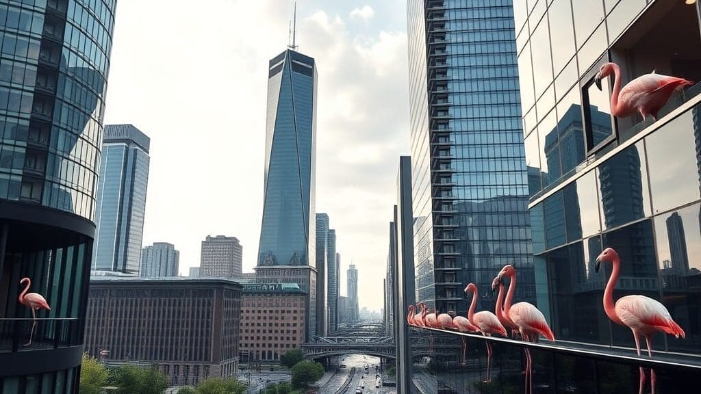 Bankenviertel mit Hochhäusern, von denen aus viele pinkfarbene Flamingos Ausschau halten und die Szenerie auf der Straße betrachten