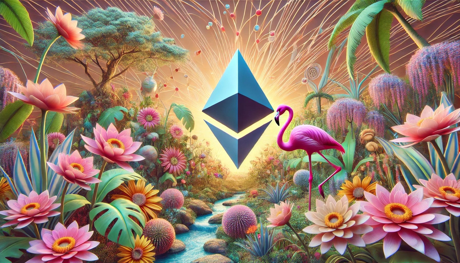 Ein visuell fesselndes Bild, das Ethereum in einem surrealen, verträumten Garten darstellt. Das Ethereum-Logo ist prominent zwischen blühenden Pflanzen und exotischen Blumen zu sehen, während ein pinker Flamingo stolz daneben steht. Natürliche und digitale Elemente verschmelzen harmonisch im Hintergrund, der organische Formen mit abstrakten, digitalen Grafiken kombiniert, die Blockchain-Netzwerke symbolisieren.