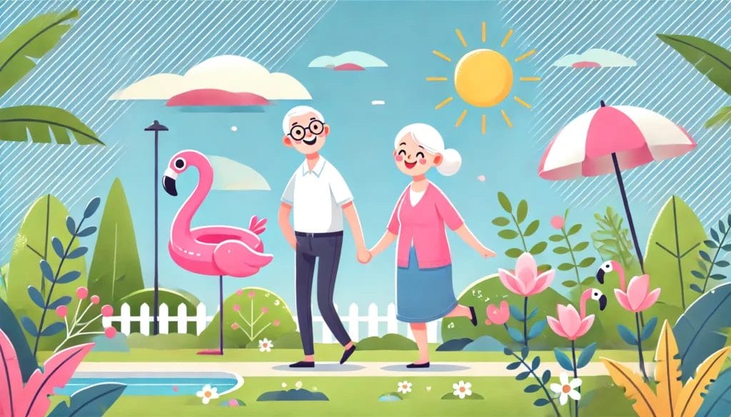 Ein älteres Paar spaziert Hand in Hand glücklich und zufrieden durch einen Garten. Ein kleiner pinker aufblasbarer Flamingo fügt eine spielerische Note hinzu. Der Hintergrund zeigt einen sonnigen Tag mit klarem Himmel, Grünpflanzen und Blumen, die die Freude und Ruhe eines wohlverdienten Ruhestands betonen.