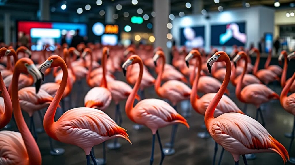 Viele Flamingos besuchen eine Finanzmesse