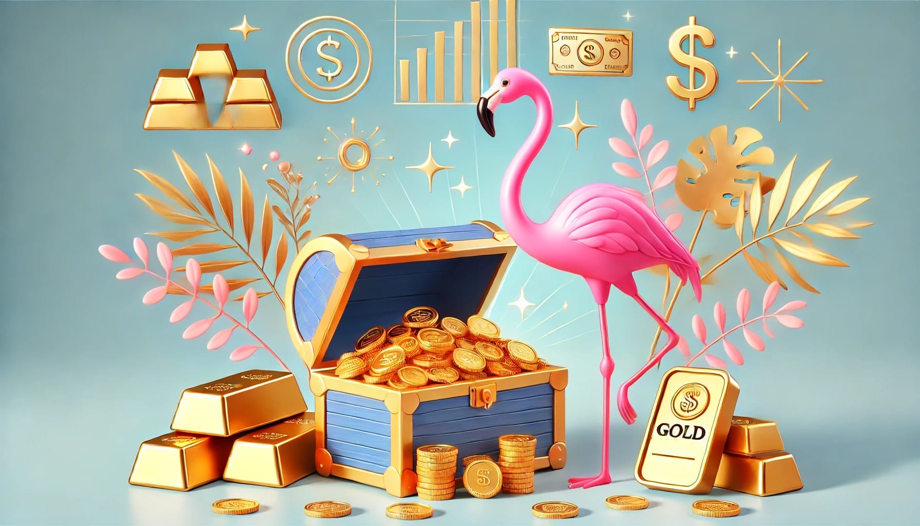 Bild ohne Text für deinen Glossareintrag über den Goldstandard. Der pinkfarbene Flamingo steht neben einer Schatztruhe voller Goldmünzen, umgeben von Goldbarren und funkelnden Finanzsymbolen. Es vermittelt eine moderne und positive Atmosphäre.