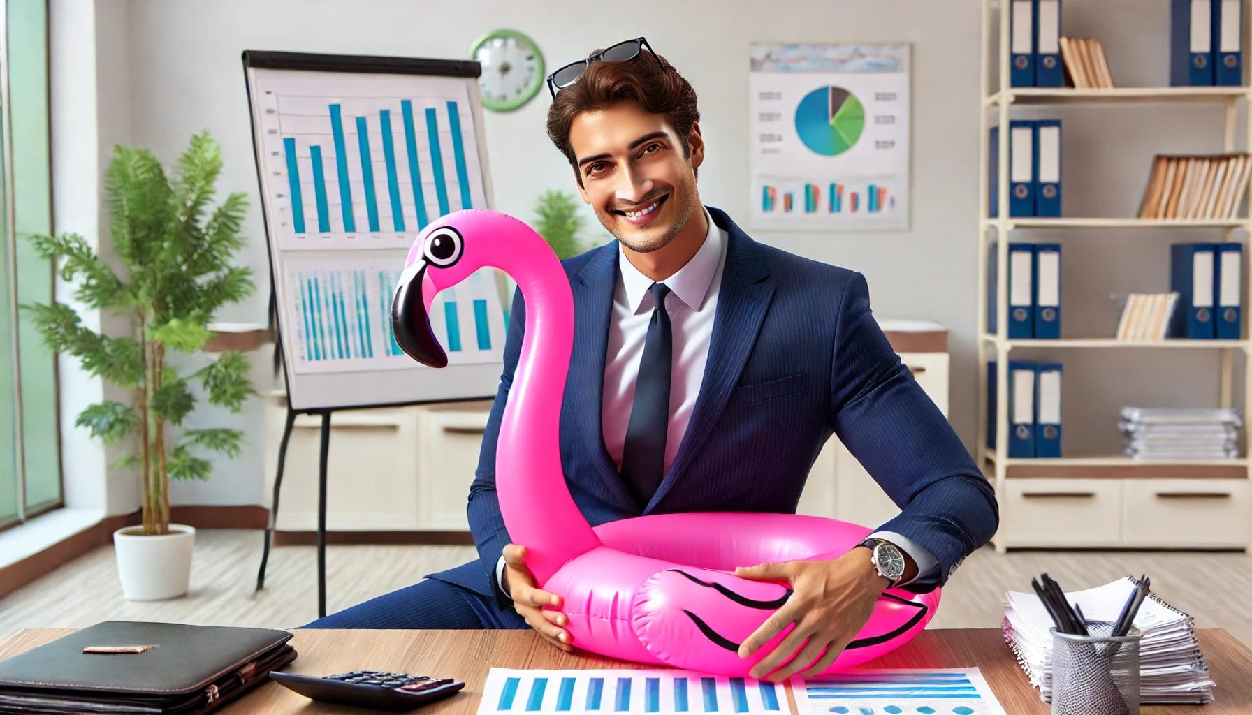 Ein smarter Mann in Business-Kleidung interagiert mit einem pinken aufblasbaren Flamingo in einem hellen, professionellen Arbeitsumfeld mit Finanzdiagrammen und Dokumenten.