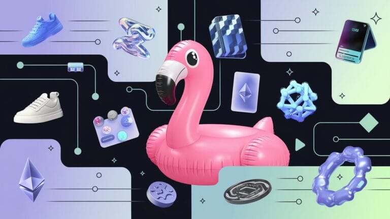 Ein leuchtend pinker aufblasbarer Flamingo inmitten einer futuristischen NFT-Welt, umgeben von virtuellen Gegenständen wie Sneakers, Sammlerstücken und digitalen Kunstwerken auf einem dunkelblauen und grünen Hintergrund mit abstrakten Verbindungen.