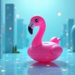 Ein leuchtend pinker aufblasbarer Flamingo schwebt auf einer digitalen Oberfläche inmitten einer abstrakten, futuristischen Blockchain-Umgebung mit weichen blauen und grünen Tönen.