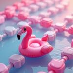 Ein aufblasbarer Flamingo schwimmt inmitten von symbolischen Blockchain-Elementen in einem blauen Pool, was die Verbindung von spielerischer Leichtigkeit mit moderner Technologie visualisiert.