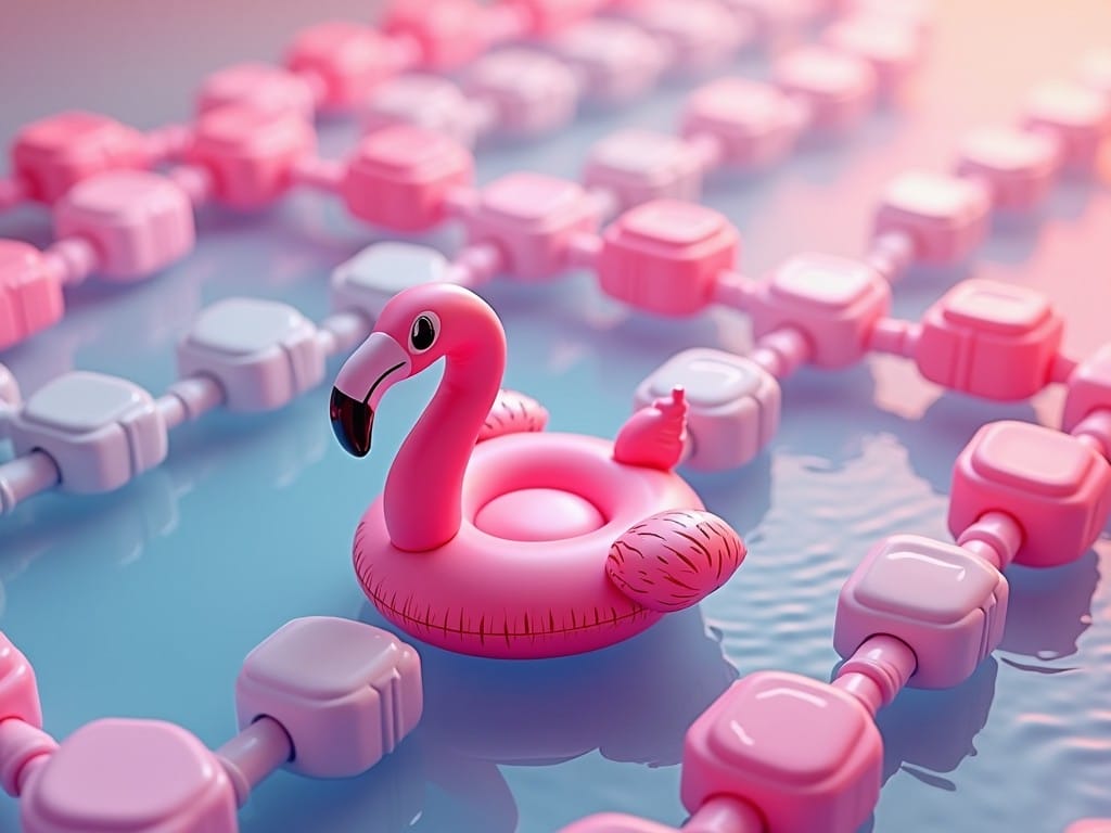 Ein aufblasbarer Flamingo schwimmt inmitten von symbolischen Blockchain-Elementen in einem blauen Pool, was die Verbindung von spielerischer Leichtigkeit mit moderner Technologie visualisiert.