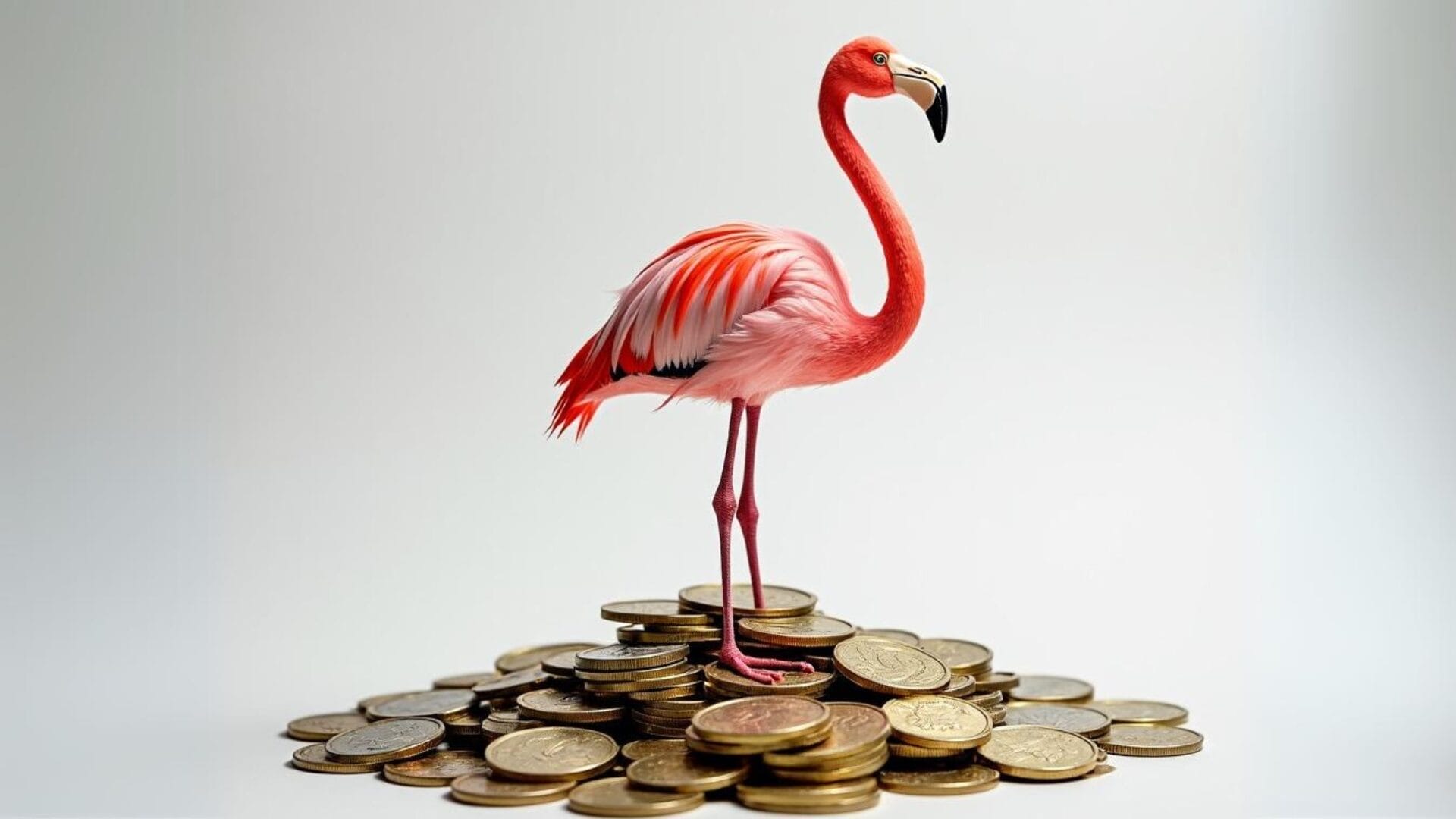 Ein pinker Flamingo, der auf einem Berg von Münzen oder Geldscheinen steht, symbolisierend für finanziellen Erfolg und Stabilität